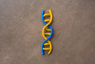 Photo of DNA molecule model made of colorful plasticine on brown background, top view