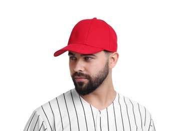 Photo of Man in stylish red baseball cap on white background