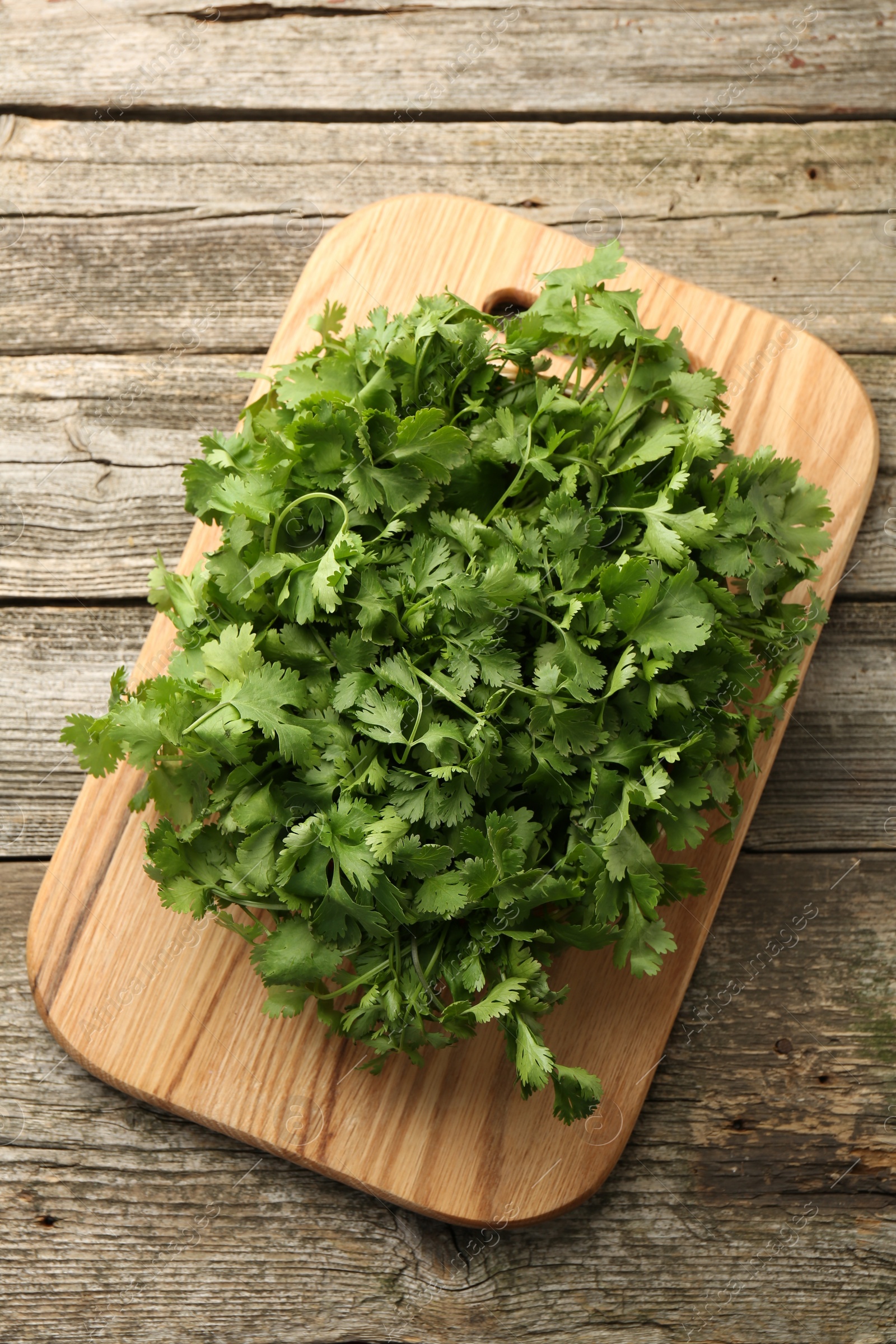 Photo of Fresh coriander on wooden table, top view