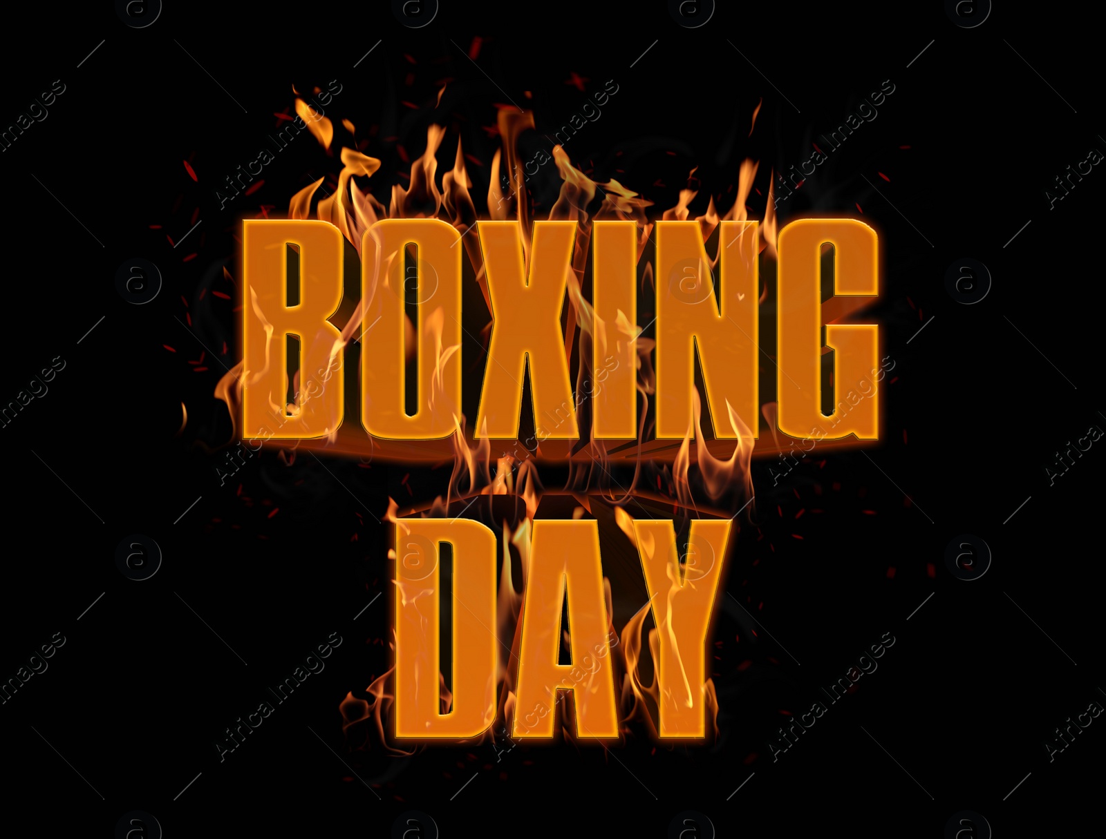 Image of Flaming text Boxing Day on black background