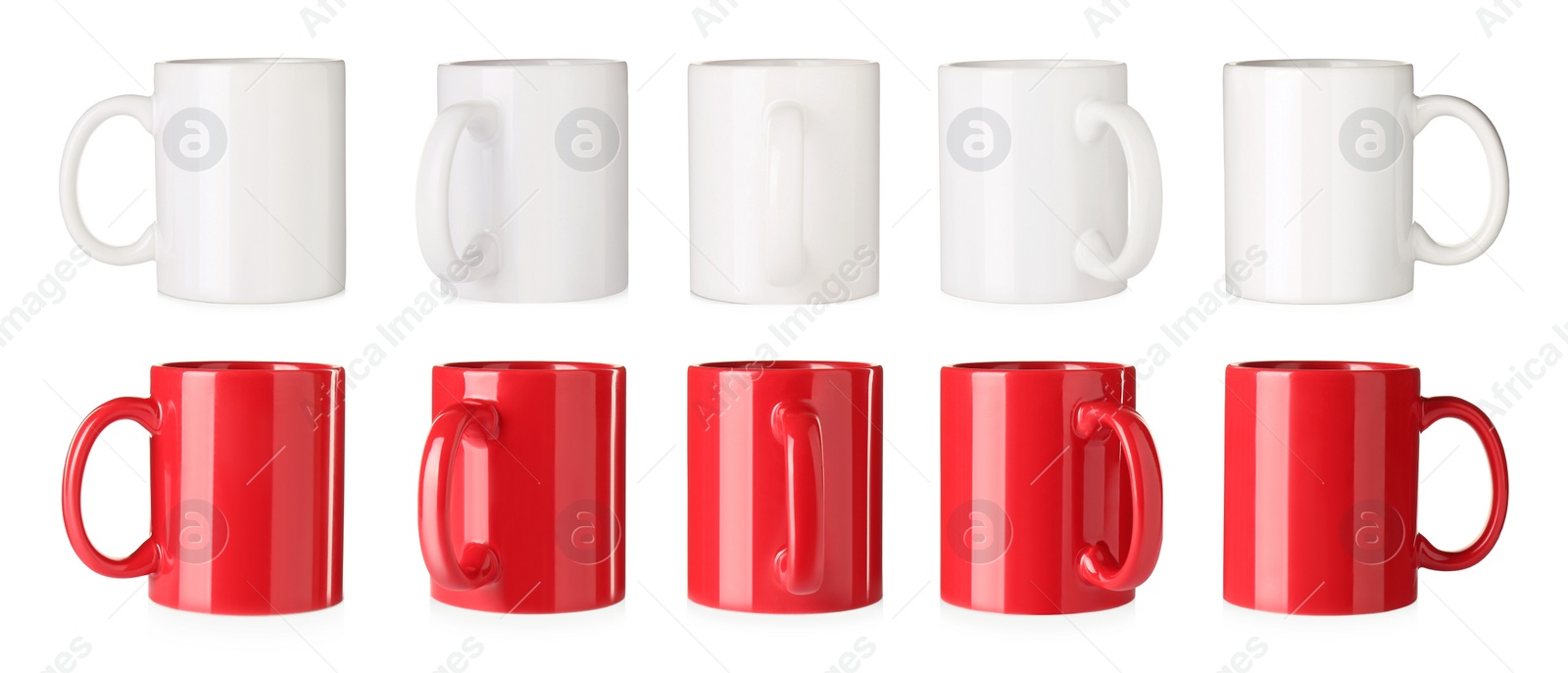 Image of Set with different ceramic mugs on white background. Banner design