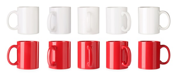 Set with different ceramic mugs on white background. Banner design