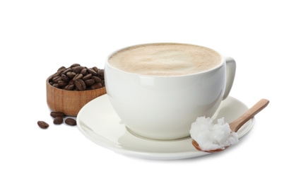 Photo of Delicious coffee with organic coconut oil and beans isolated on white