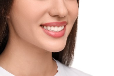 Photo of Woman with clean teeth smiling on white background, closeup
