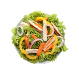 Delicious fresh chicken salad with vegetables isolated on white, top view