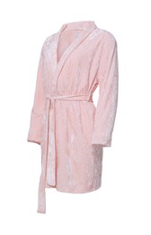 Soft pink velour bathrobe isolated on white