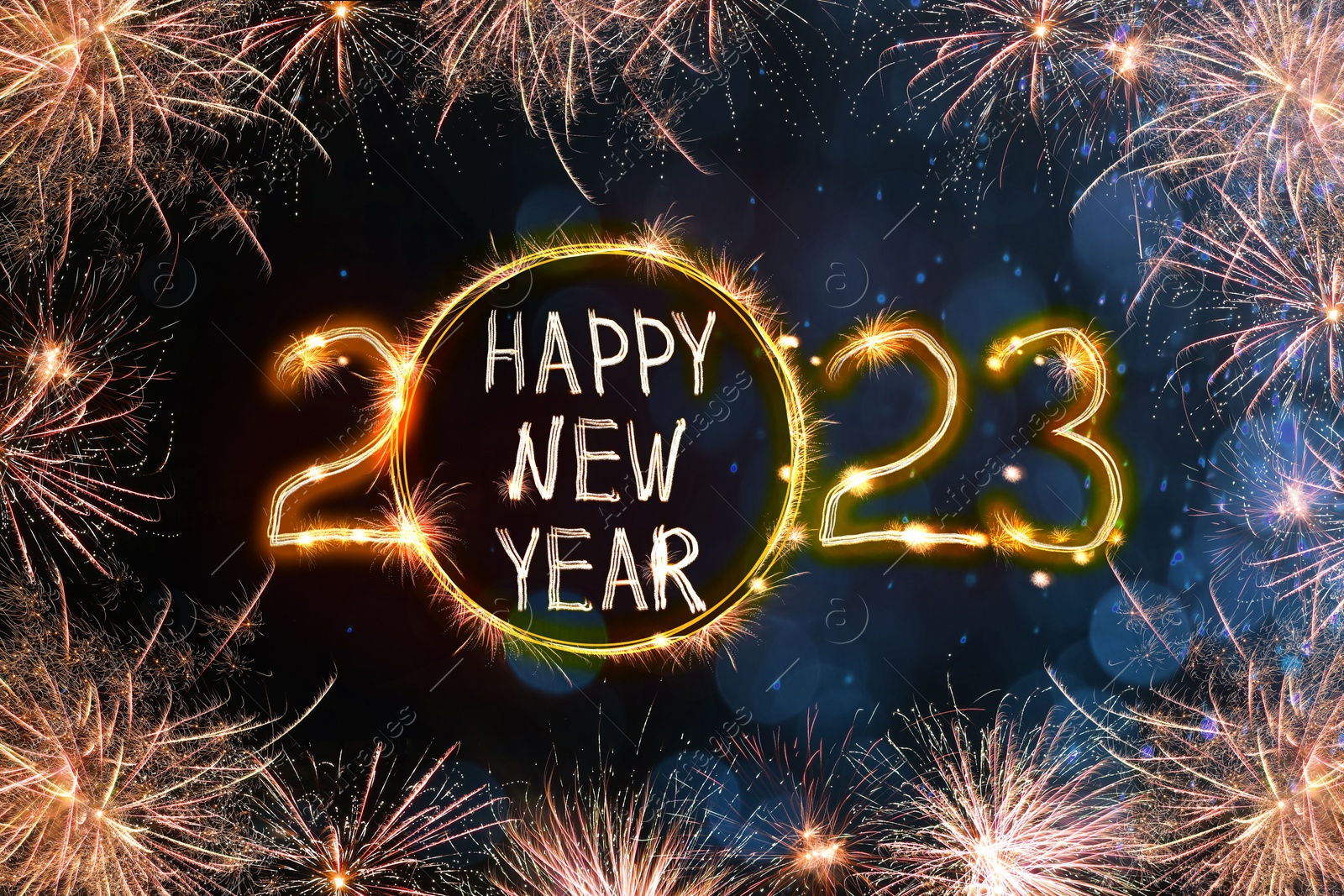 Image of Bright text Happy New 2023 Year made of firework on dark background. Greeting card design