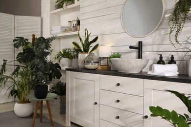 Photo of Stylish bathroom interior with vessel sink and beautiful plants