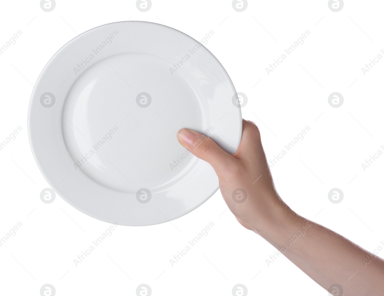 Photo of Woman holding clean ceramic plate isolated on white, closeup