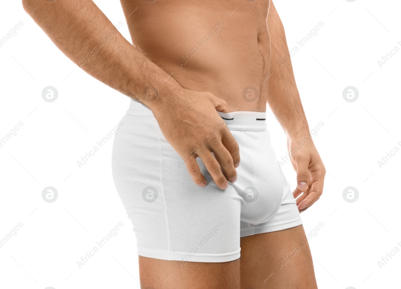 Photo of Man in underwear on white background, closeup