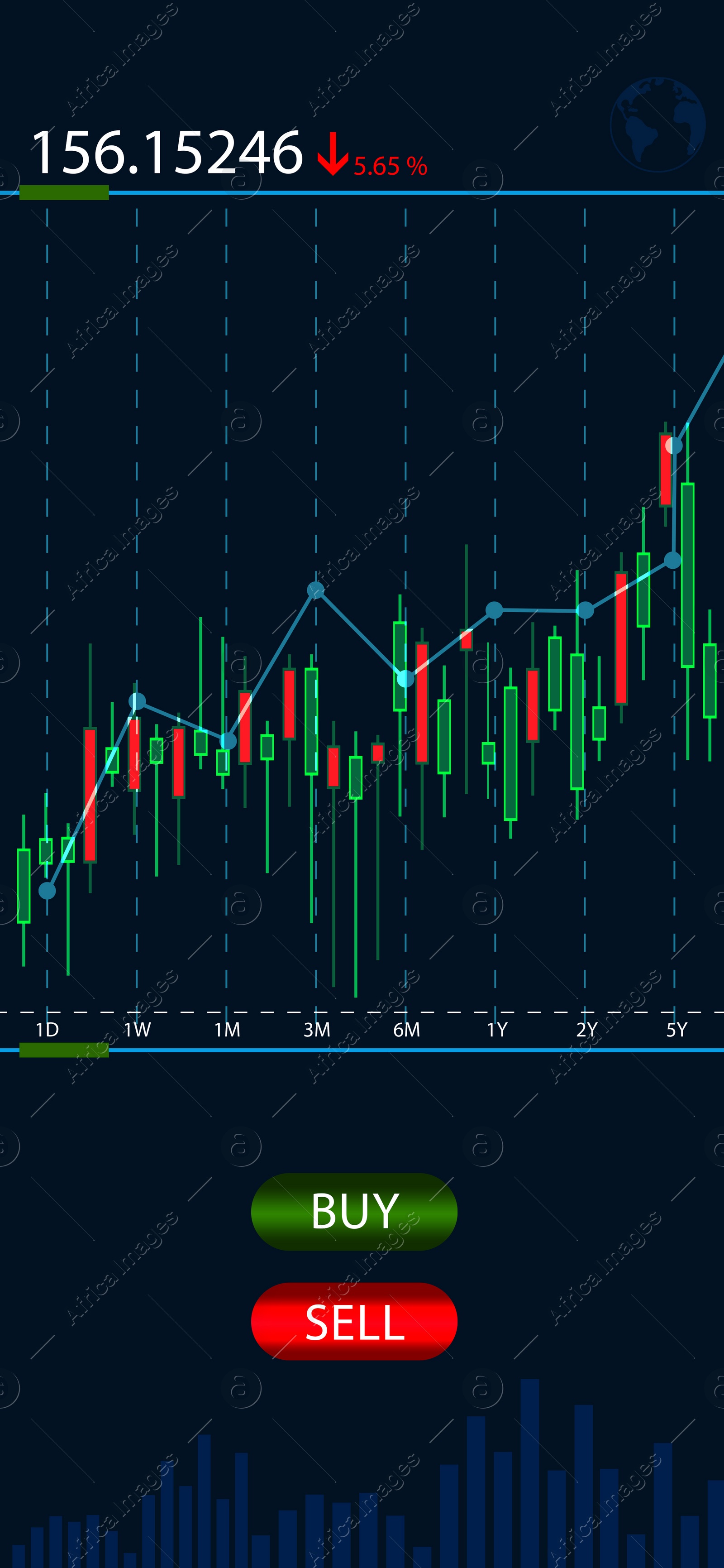 Illustration of Movement of asset price. Market of cryptocurrency / stocks / commodity. Application with graphs and buttons Buy Sell on dark blue background