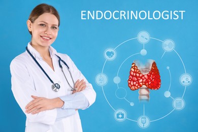 Endocrinologist with stethoscope on light blue background. Thyroid illustration surrounded by icons