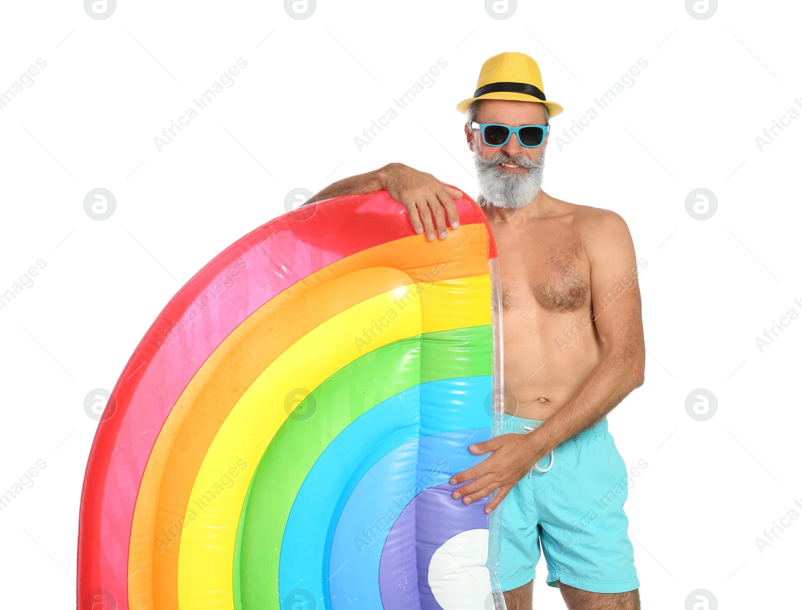 Photo of Shirtless man with inflatable mattress on white background