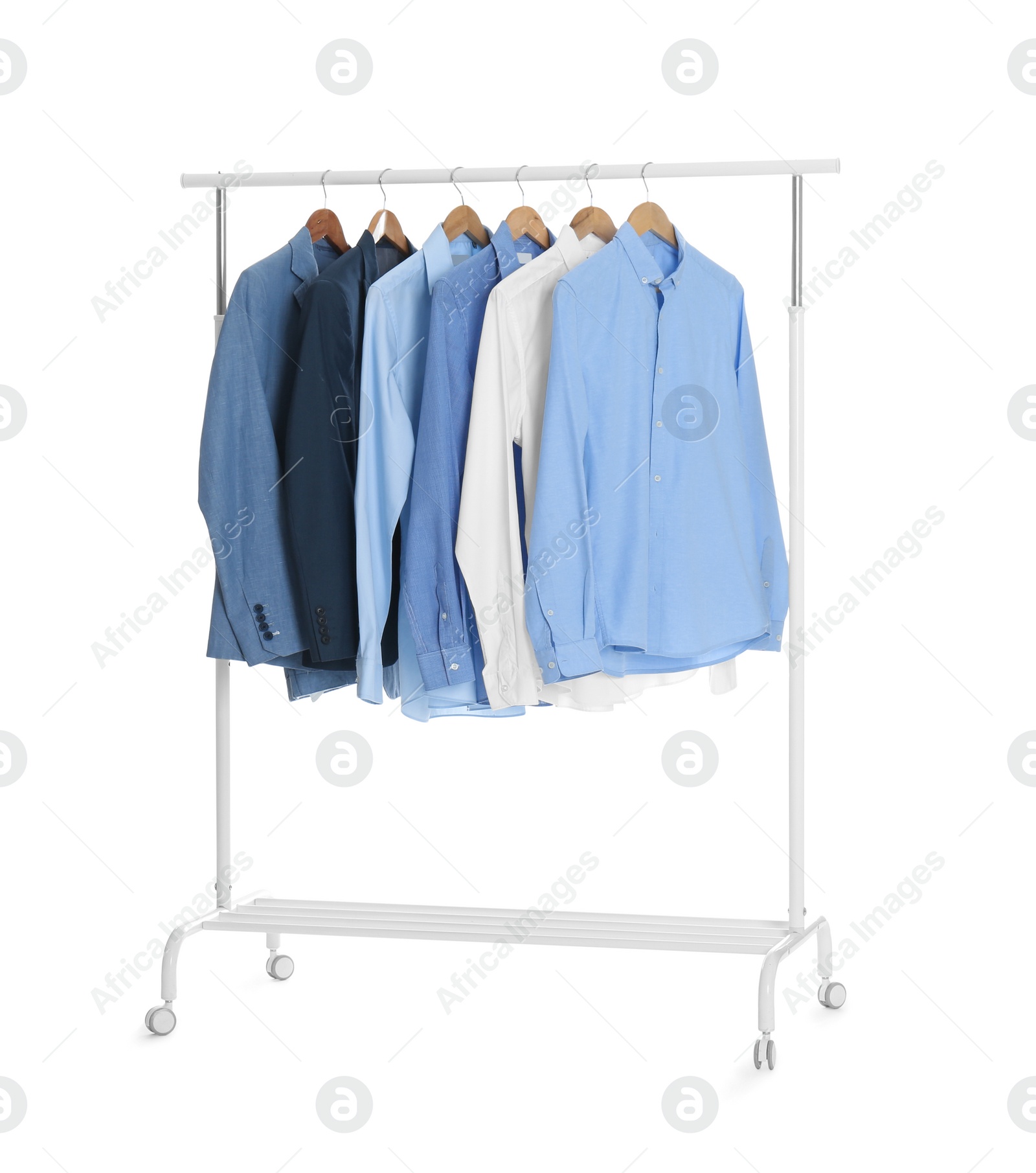 Photo of Rack with stylish men's clothes isolated on white