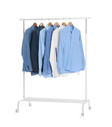 Photo of Rack with stylish men's clothes isolated on white