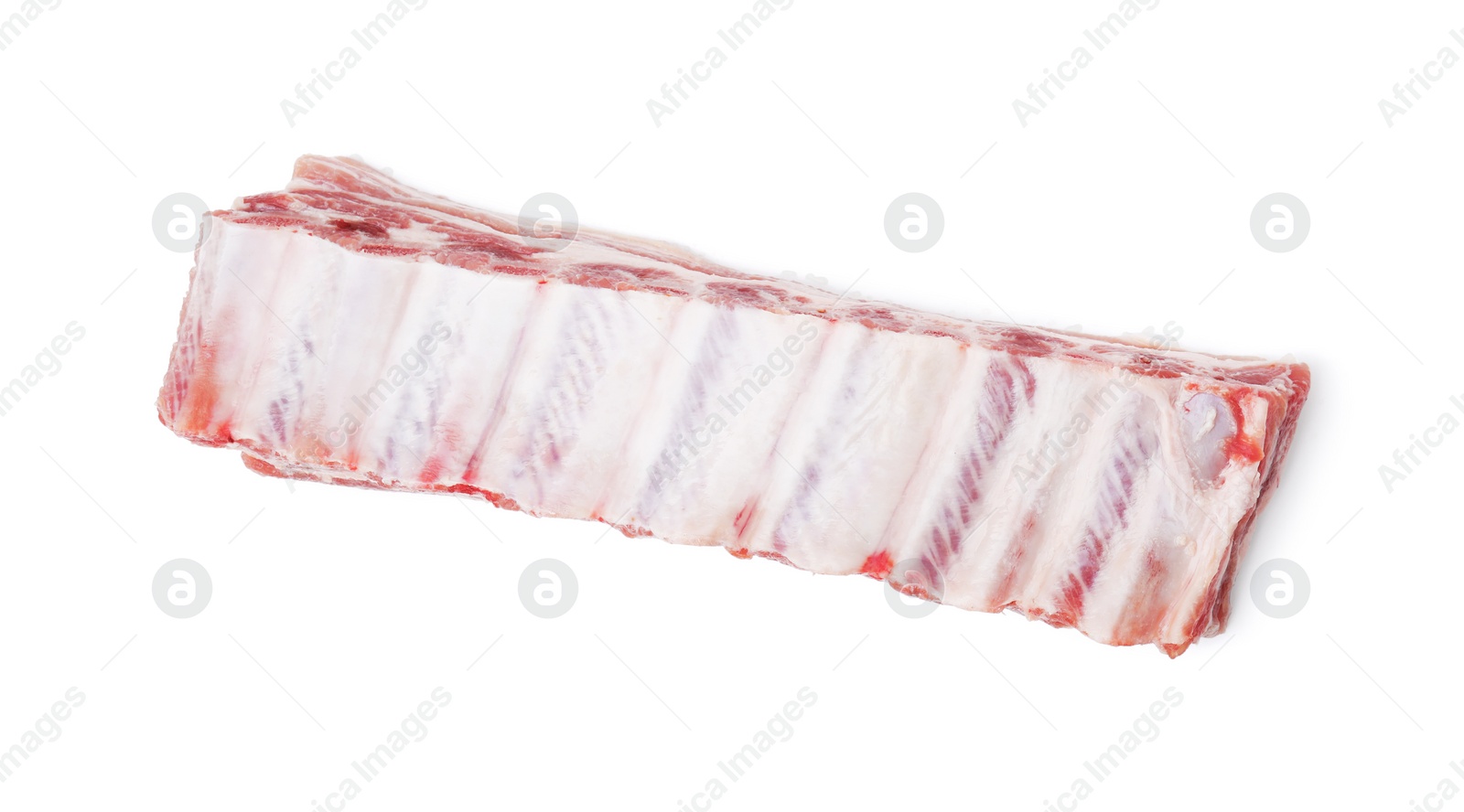 Photo of Raw pork ribs isolated on white, top view