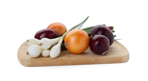 Photo of Wooden board with different kinds of onions isolated on white