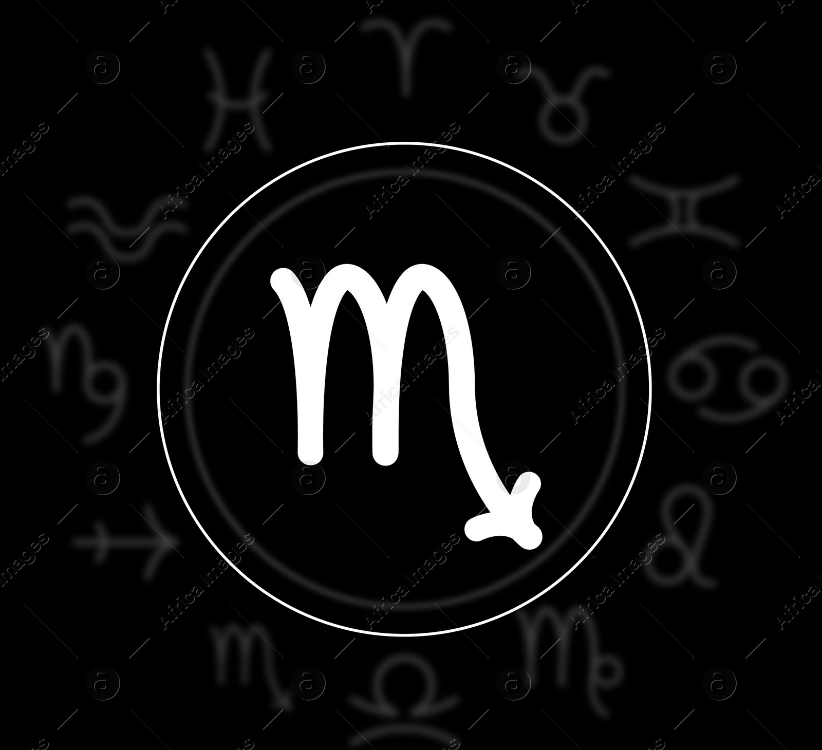 Illustration of Scorpio astrological sign and zodiac wheel on black background. Illustration 