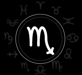 Scorpio astrological sign and zodiac wheel on black background. Illustration 