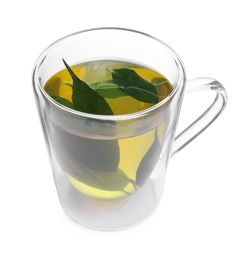 Fresh green tea in glass mug and leaves isolated on white