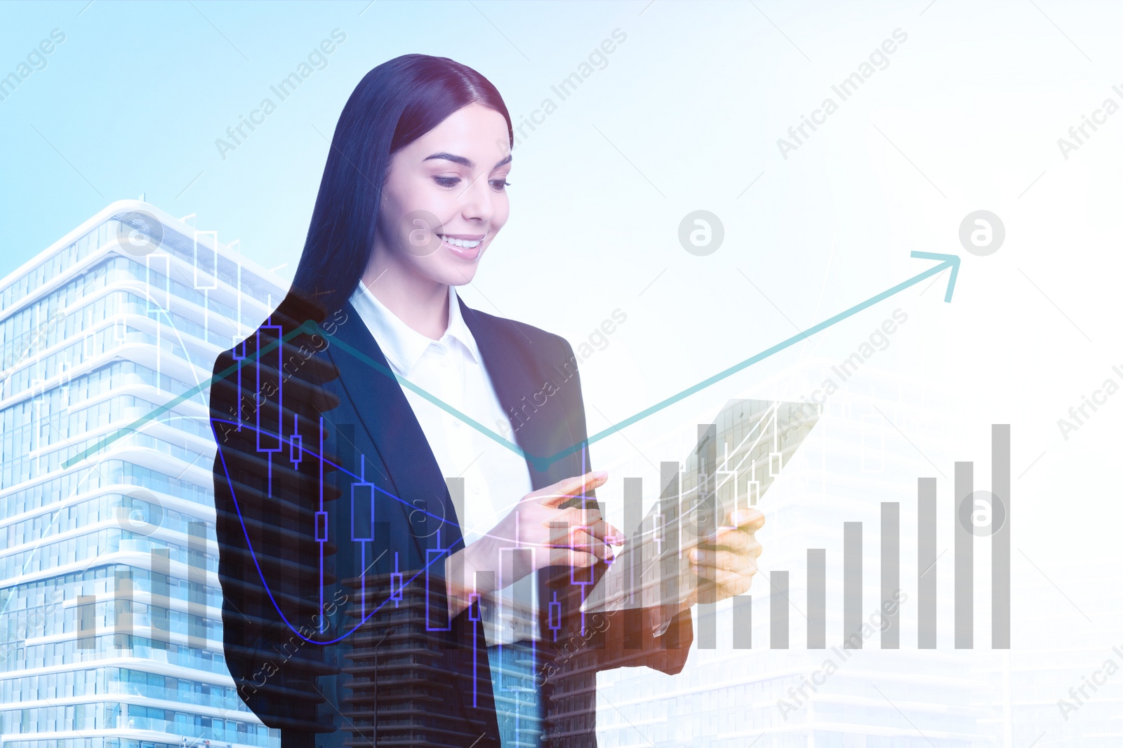Image of Double exposure of businesswoman with tablet and cityscape. Forex trading
