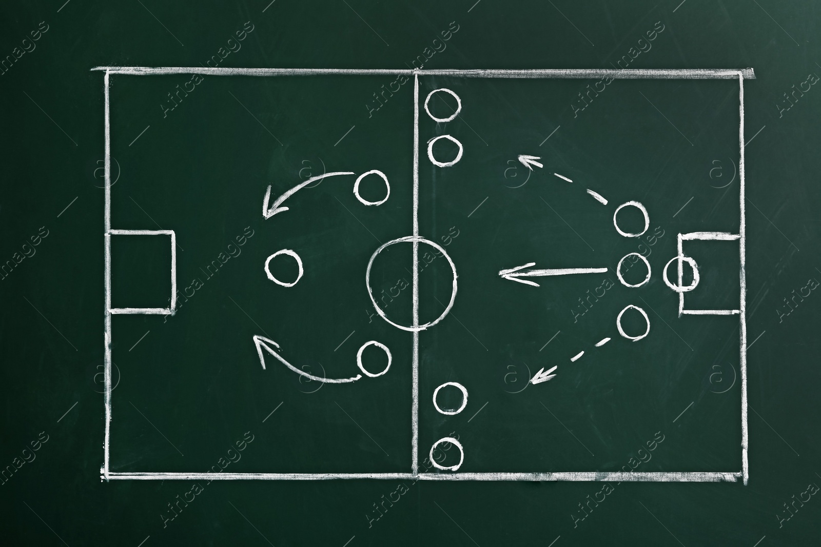 Photo of Chalkboard with scheme of football game. Team play and strategy