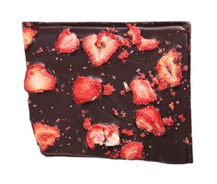 Photo of Half of chocolate bar with freeze dried strawberries isolated on white, top view