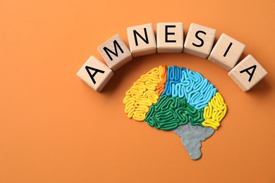 Photo of Word Amnesia and brain with sections made of plasticine on orange background, flat lay