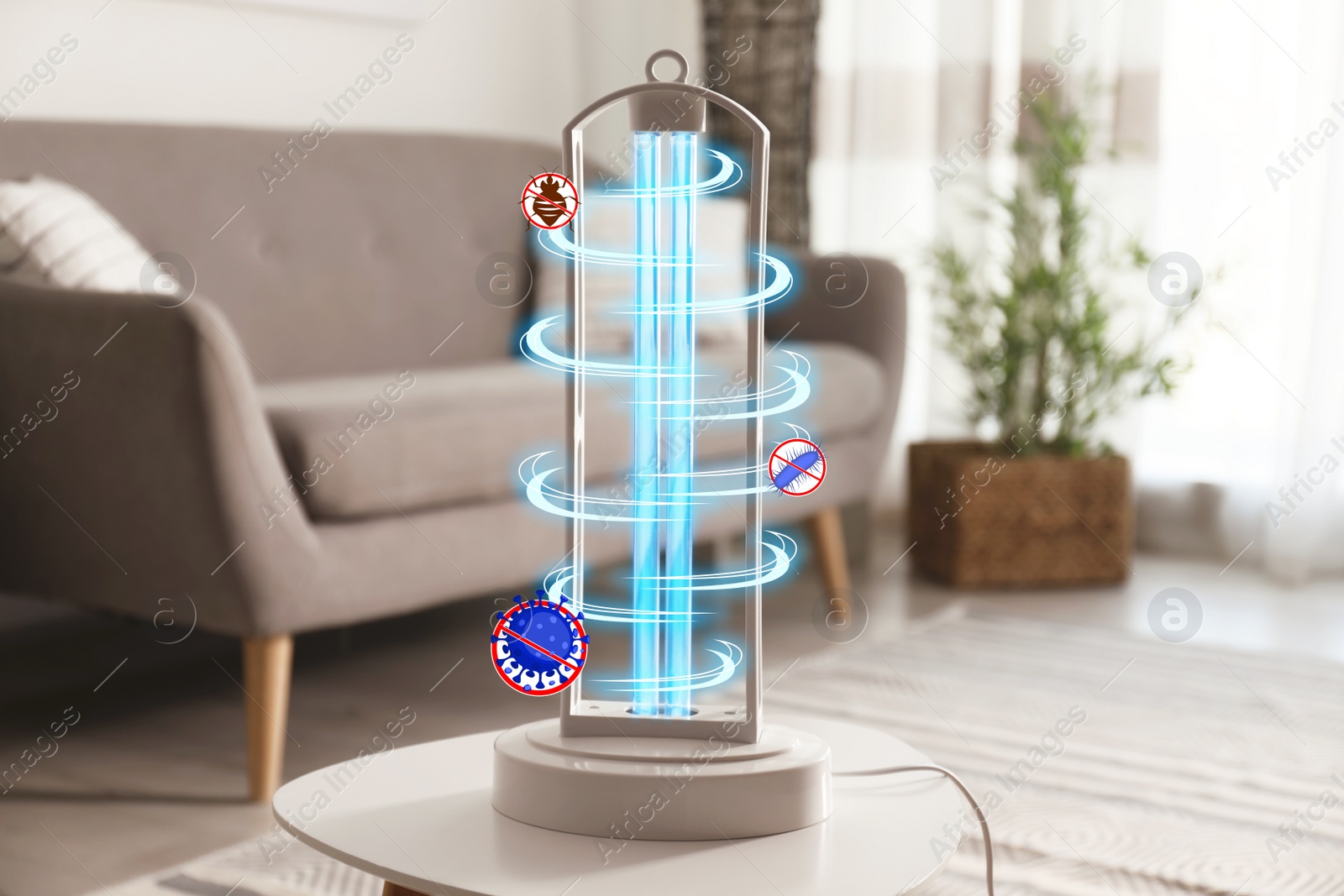 Image of UV lamp for light sterilization on table in living room