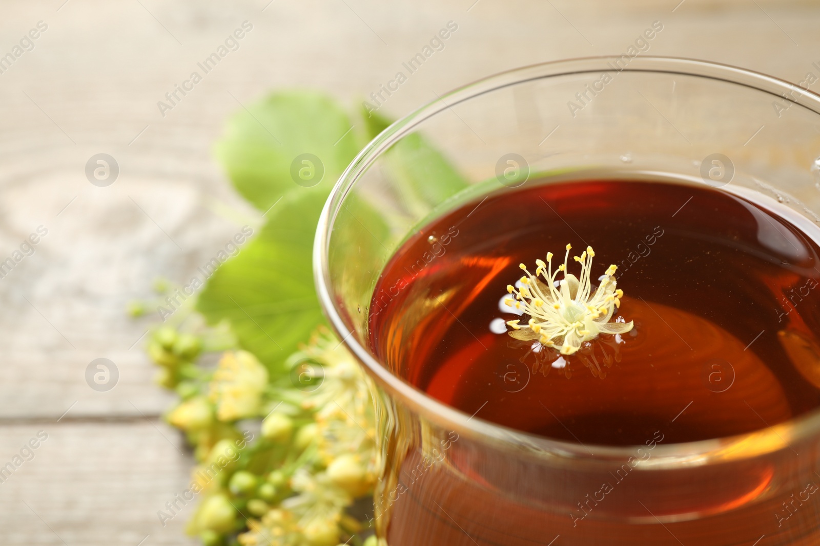 Photo of Cup of tea with linden blossom on table, closeup. Space for text