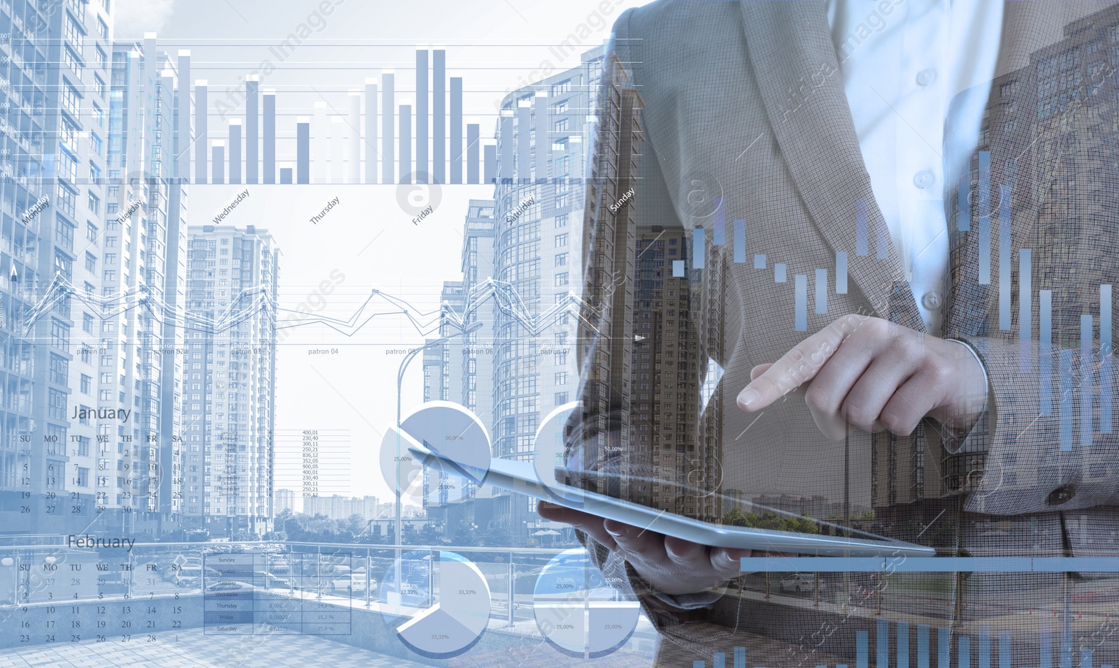 Image of Multiple exposure of businesswoman, scheme and cityscape closeup. Trade concept