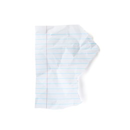 Photo of Piece of crumpled lined notebook sheet isolated on white, top view