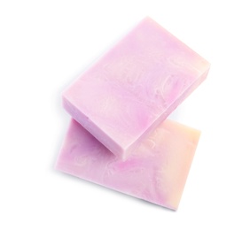 Hand made soap bars on white background, top view