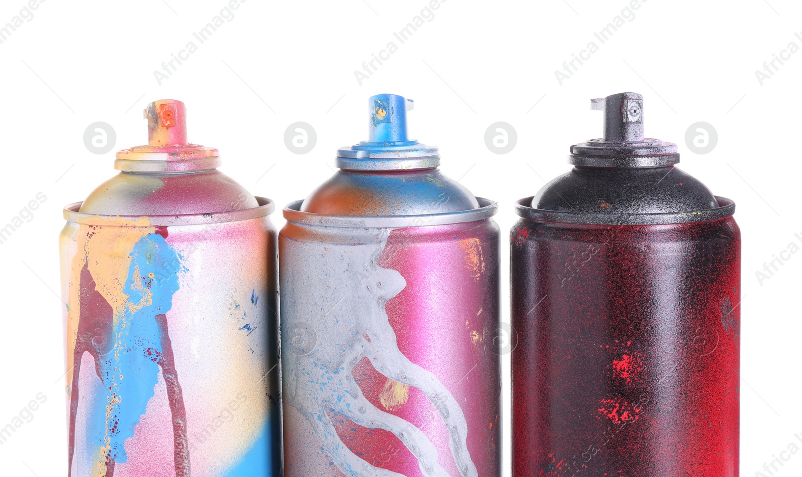 Photo of Many spray paint cans isolated on white