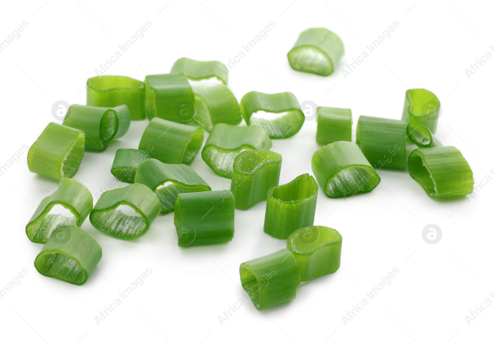 Photo of Chopped fresh green onions on white background