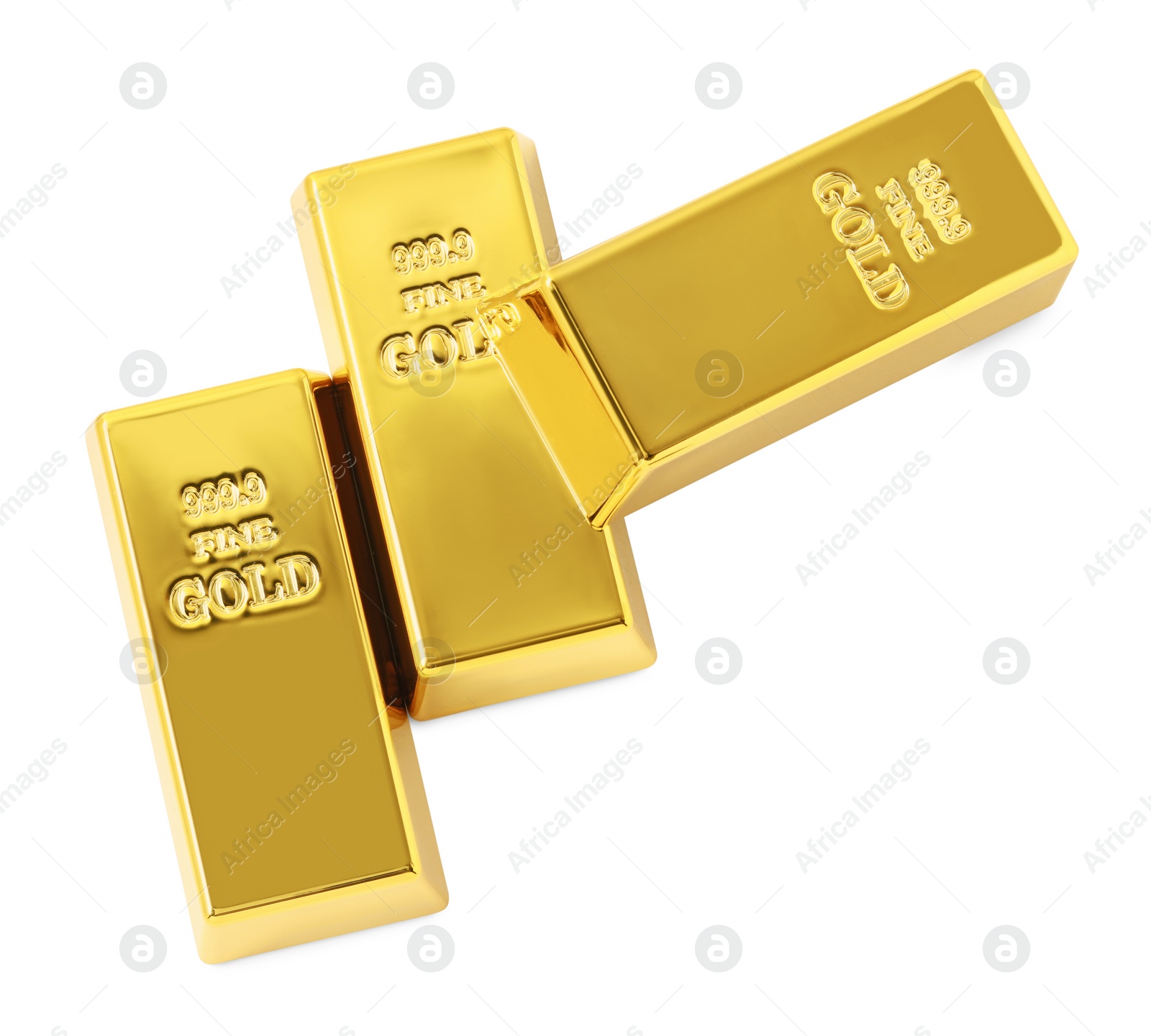 Photo of Shiny gold bars isolated on white, top view