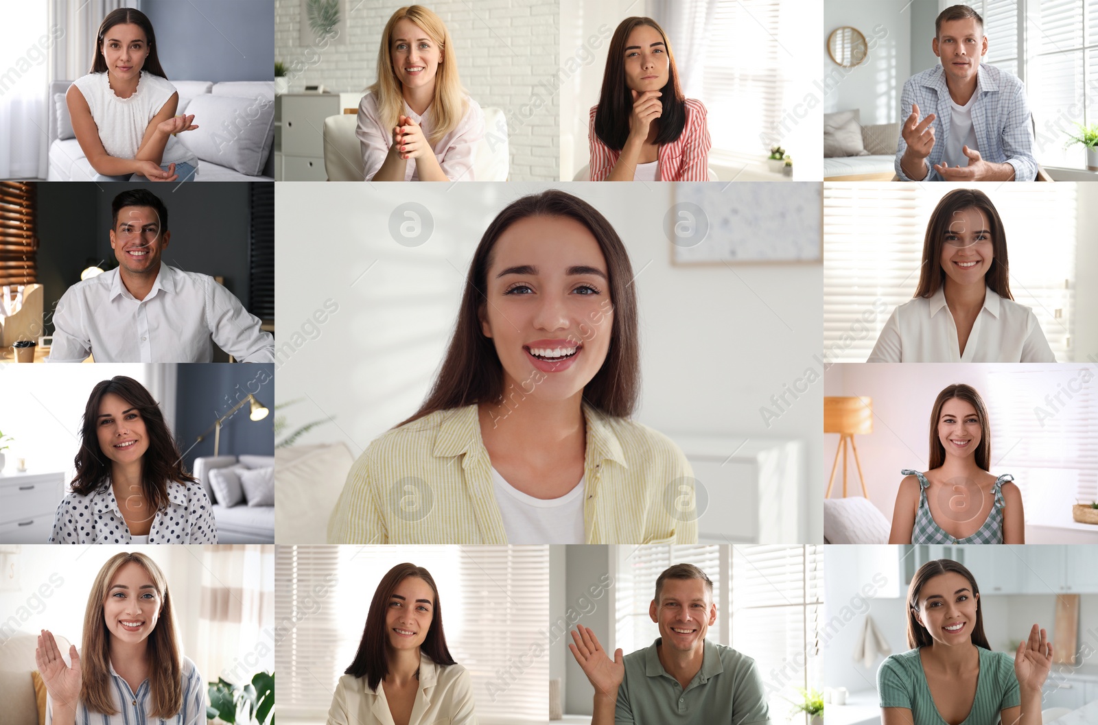 Image of Coworkers using video chat to work remotely. People on display, views through camera