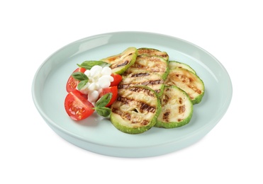 Photo of Delicious grilled zucchini slices served with cottage cheese and tomatoes on white background