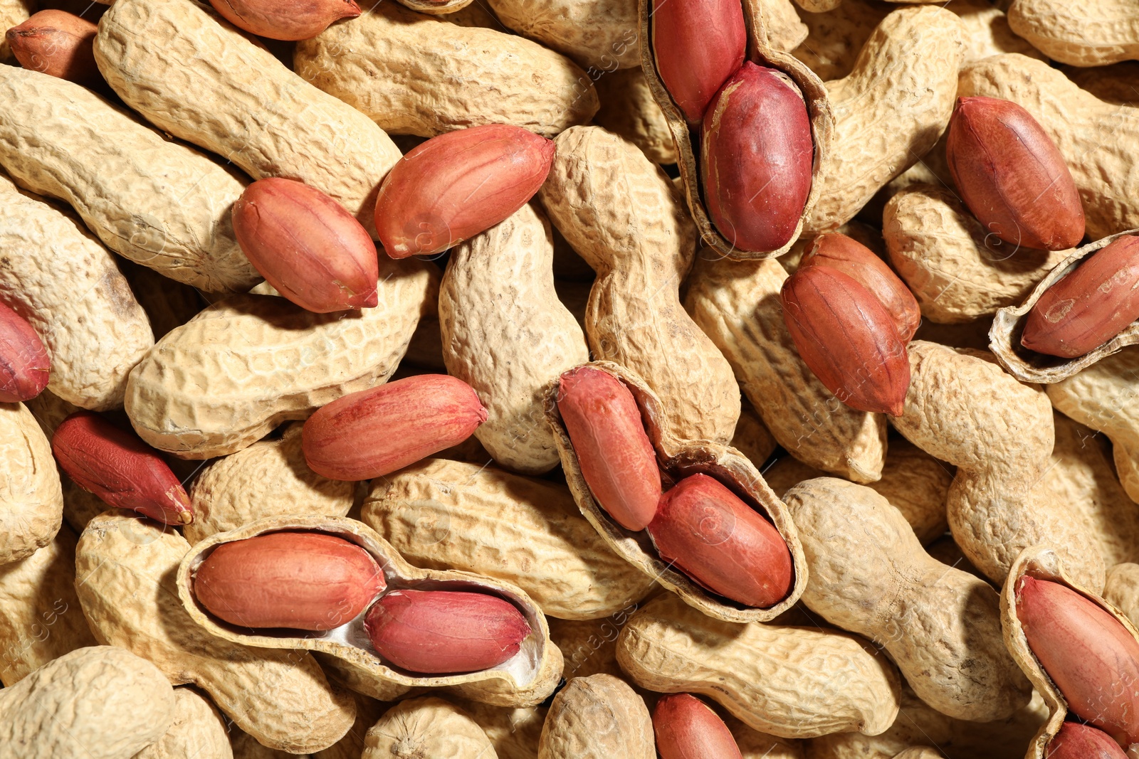 Photo of Many fresh unpeeled peanuts as background, top view