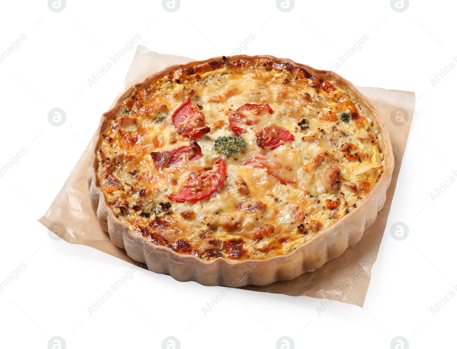 Photo of Tasty quiche with cheese and tomatoes isolated on white