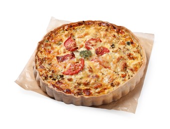 Tasty quiche with cheese and tomatoes isolated on white