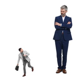 Small man running from giant boss on white background