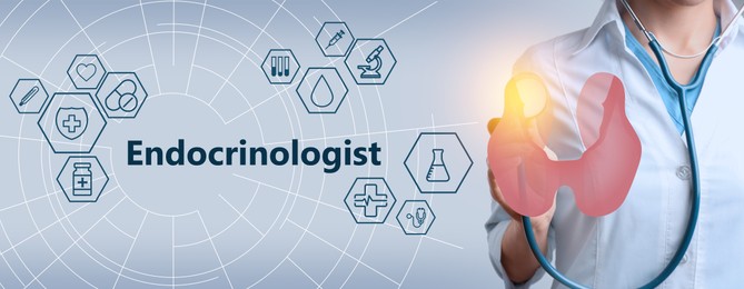 Image of Endocrinologist, thyroid illustration, word and icons on light background, banner design. Doctor with stethoscope, closeup