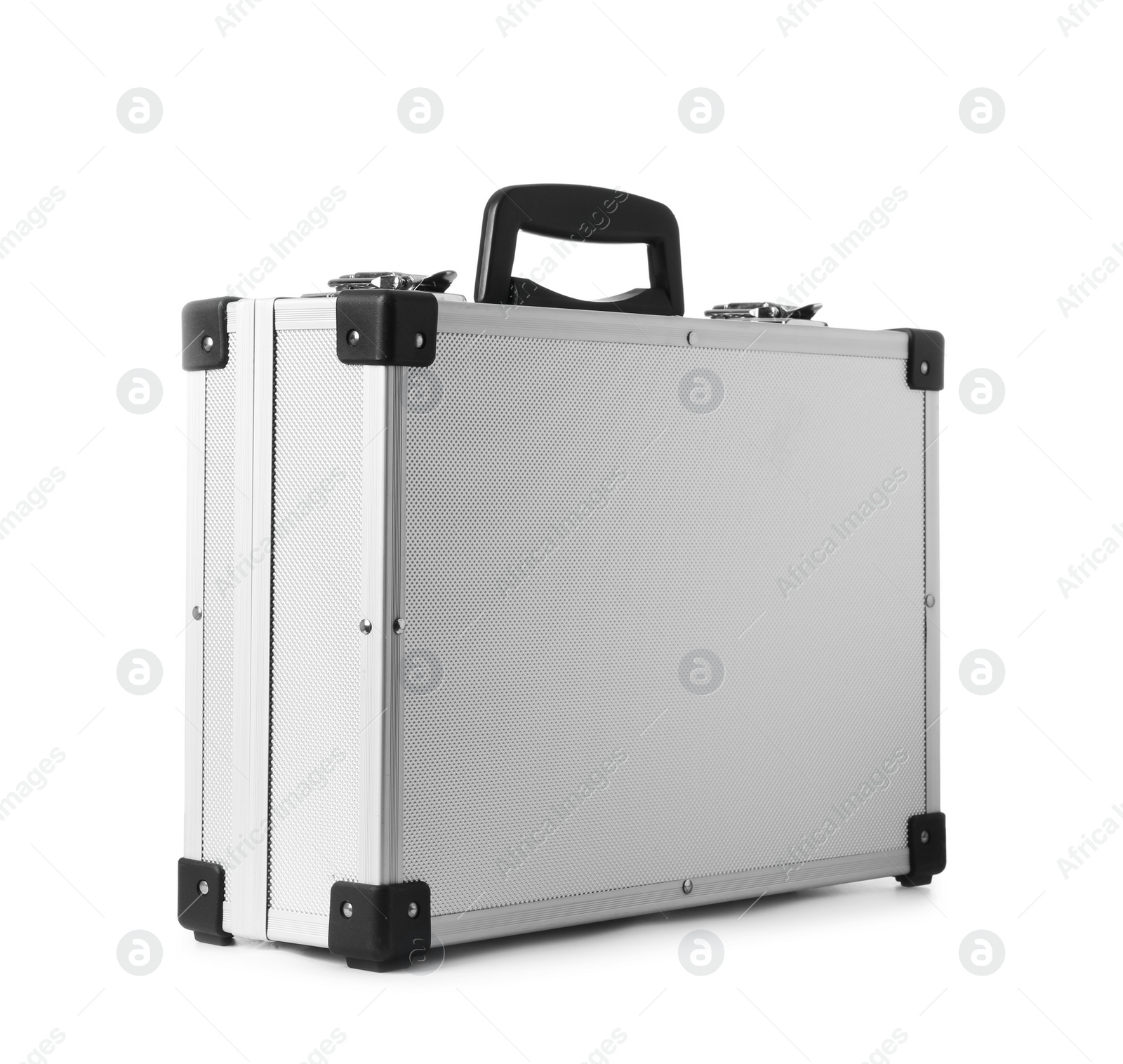 Photo of Stylish aluminum hard case on white background