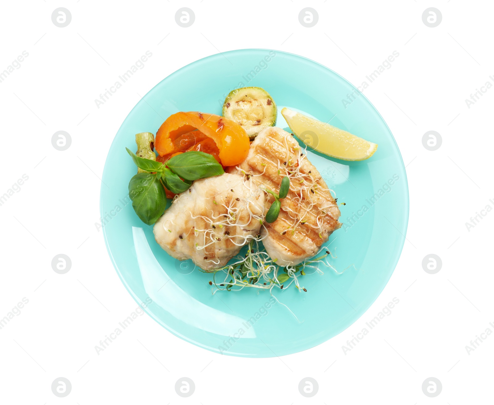 Photo of Plate with tasty grilled fish isolated on white, top view
