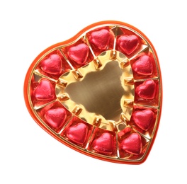 Photo of Heart shaped chocolate candies in box on white background, top view