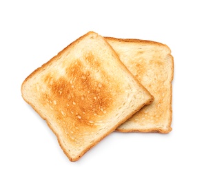 Toasted bread on white background, top view