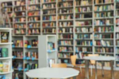 Photo of Blurred view of bookshelves and tables in library