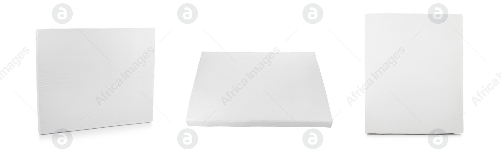 Image of Set with modern comfortable mattresses on white background, banner design 