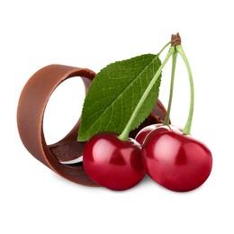 Image of Fresh cherries and chocolate curl isolated on white